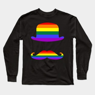 Funny Mustache Gay Pride Flag Bowler Hat Long Sleeve T-Shirt